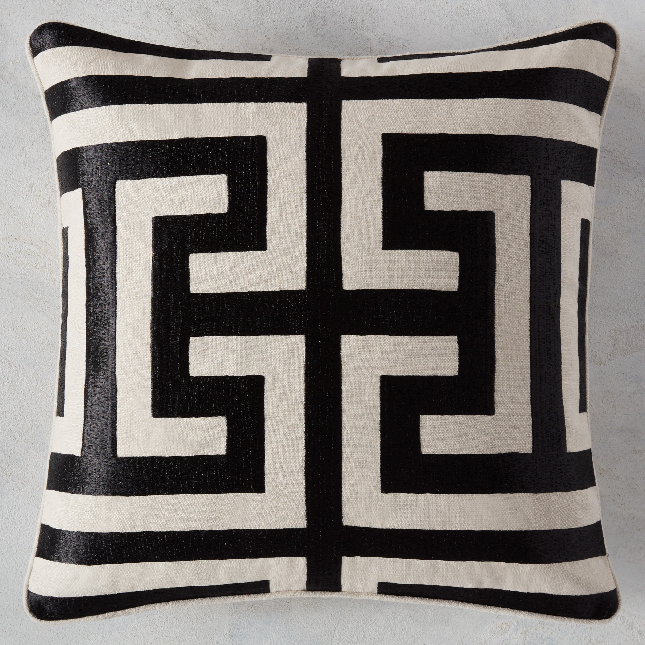 Cace Embroidered Black/Natural Linen Pillow 22"x22"