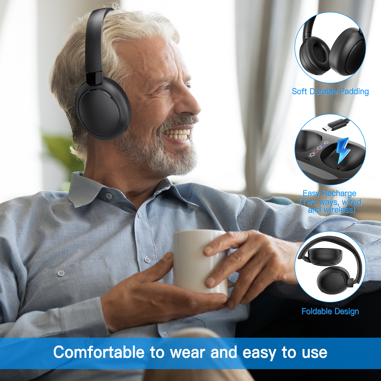 Wireless Headphones for TV Watching with Charging Dock Easy Setup & Comfortable Fit for Seniors,No Audio Delay Blutooth Headphones Headset