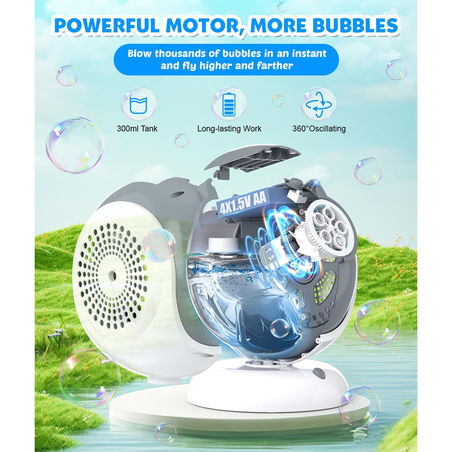 Bubble Machine,Automatic Bubbles Blower,360 Degree Oscillation & 75 Degree Adjustment,Bubble Toys with LED Light
